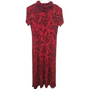 En Focus Studios Red Black Floral Paisley Cowl Neck Maxi Dress Short Sleeve  L